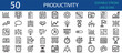 © Fifty Icons - Editable line icon set of productivity and efficiency concepts. Includes calendar, chart, goal, clock, checklist, target, medal, teamwork, progress bar, and idea for office and business growth.