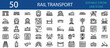 © Fifty Icons - Editable stroke icon set of trains and rail transport systems. Includes locomotive, metro, station, track, ticket, engineer, railway bridge, whistle, tunnel, cargo, and high-speed rail icons.