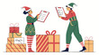 © Rooh ul ain - Two cheerful elves wearing santa hats and festive outfits check gift lists surrounded by stacks of wrapped presents during christmas preparation