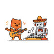 © Sergey - A cartoon cat sings with a guitar, and a robot plays the keyboard