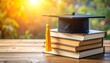 © Muji Creatives - Graduation cap with yellow tassel on books outdoors with greenery and sunlight.