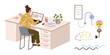© robu_s - Woman in casual attire working on a laptop at a desk surrounded by office tools, potted plant, books, coffee cup. Adjacent icons illustrate creative workflow, ideas, and problem-solving. Ideal