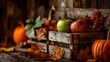 © azwan - Autumn apples, pumpkins, and fall leaves on rustic wooden crates