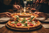 Friends sharing pizza and red wine in a cozy restaurant with warm lighting, representing friendship, celebration, and Italian dining atmosphere