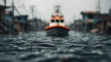 A boat navigates through flooded streets, highlighting the impact of rising water levels and environmental challenges in urban areas.