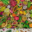 © balabolka - Exotic Fruits cartoon vector doodles frame illustration. Tropical food elements and objects background. Bright colors funny picture