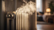 © YM Creative Studio - Vintage Cast Iron Radiator With Steam Emission In Cozy Home Interior Close Up Retro Heating System