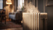 © YM Creative Studio - Vintage Cast Iron Radiator With Steam Emission In Cozy Home Interior Close Up Retro Heating System
