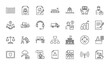 © PixeloAI - Business, logistics, and legal line icon set. Vector pictograms of container, package, handshake, ship, forklift, building, justice, and cloud, thin linear illustration.