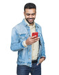 © kite_rin - Young handsome man looking at smartphone isolated transparent PNG, Smiling casual businessman using mobile phone