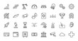 © PixeloAI - Business and industry line icon set. Vector pictograms of growth charts, robot arm, target, security, trophy, rocket, safe, bank, and surveillance, thin linear illustration.
