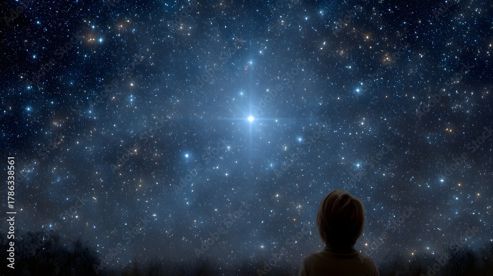 Foto de Stock A child gazes up at a brilliant star in a vast twinkling ...