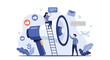 © Wieslaw - Marketing team effectively using megaphones and digital tools for widespread communication, advertising, and gathering customer feedback and reviews.
