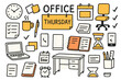 © Марія Томилович - Colorful Office Essentials. Office Thursday. Hand-drawn doodle illustration calendar page (colored), clock (colored), coffee cup (colored), laptop (colored),