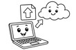 © Viacheslav - Cheerful Laptop & Cloud. Uploading to the cloud children?s coloring book illustration, outlined drawing, a cheerful laptop sending a file with an arrow toward