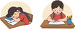 © Amol Chandra - Tired schoolgirl sleeping on books while classmate writes homework at desk, education fatigue, study stress, classroom learning scene, flat vector illustration