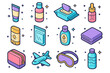 © Coosh448 - Travel Skincare Essentials. Travel skincare hygiene. Colorful isometric vector icons set of Travel skincare hygiene: mini cleanser tube, travel-sized toner,