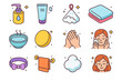 © Svitlana - Face Cleansing Icons. Face cleansing essentials. Colorful isometric vector icons set of Face cleansing essentials: cleansing oil, gel cleanser, foaming net,