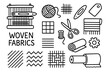 © Viacheslav - Woven Fabric Icons. Woven fabrics. Hand-drawn doodle illustration woven fabrics loom, yarn, shuttle, warp threads, pattern grid, scissors, spool, stripe lines,