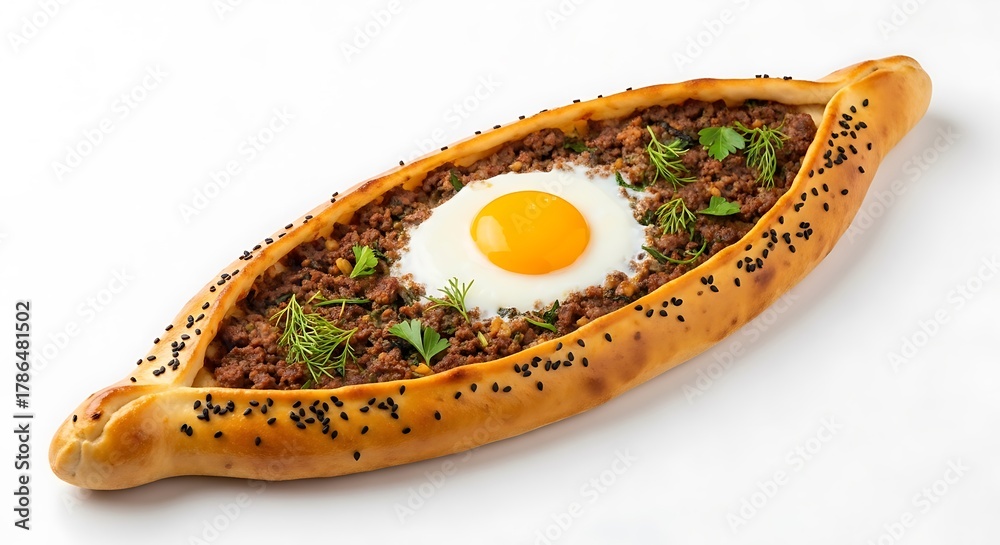 This close-up image beautifully captures a traditional Turkish pide, an ...
