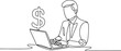 © Single Line Art - A continuous line drawing of a businessman working on a laptop with a dollar sign next to him, the image is a minimalist design in black and white continuous one line art of vector illustration