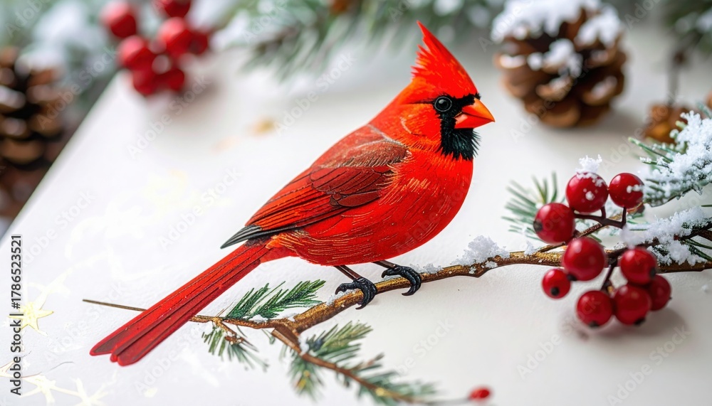 Bright red cardinal perched on a snow-covered pine branch with holly berries and pinecones symbolizing winter and Christmas season wildlife beauty