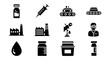 © eclipse - A collection of black icon silhouettes depicting various objects including a medicine bottle, syringe, tank, factory buildings, oil drilling rig, and male scientist.