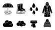 © eclipse - Black silhouette icons of rainy weather gear including an umbrella, boots, raindrops, raincoat, clouds, scarf, and a warm winter hat.