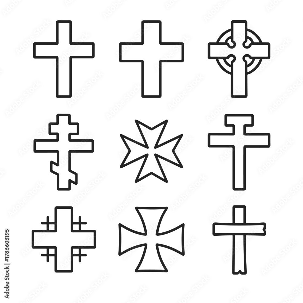 Variety of cross designs on dark background for graphic design elements