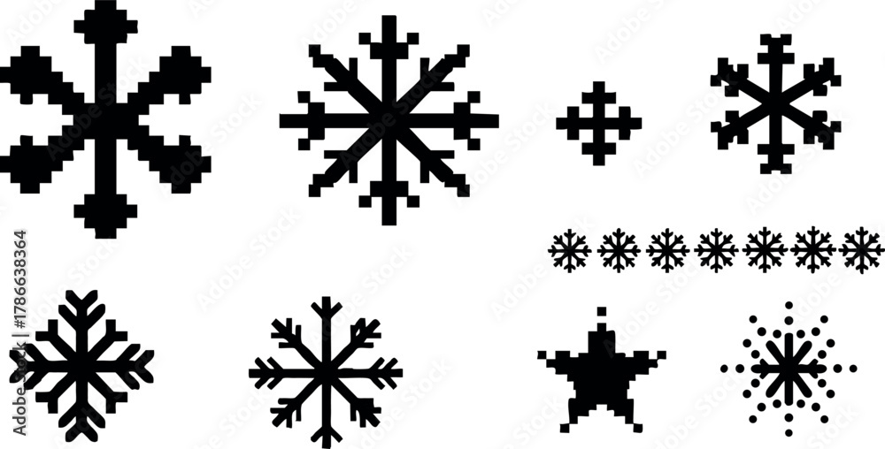 Pixel art black snowflakes and winter symbols vector illustration ...