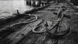 BW anchor with rope sits on worn, weathered wooden pier by calm water