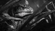 © cha - Dilophosaurus looks ahead amidst leafy jungle plants in a moody black and white image