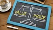 © Proshanto Mondol - Value vs. Price: A blackboard with the words Value and Price on the scale.