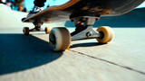 A dynamic low-angle close-up of a skateboard's wheels and trucks speeding across the concrete surface of a sunny skate park.