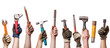 © iPNG - A diverse collection of tools held up by hands isolated on transparent background, symbolizing craftsmanship, construction, and the power of human skill and ingenuity