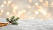 © Yellyana - Minimalist Christmas background 2025 with warm bokeh lights, ivory and champagne tones, single pine branch with velvet ribbon and gold accent, soft snow texture, large blank space in the center for te