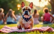 © Chloe - Summer dog party  with Hello July text in Fourth of July picnic scene, festive Hello July text with fireworks and family barbecue, joyful Hello July text with French bulldog in backyard celebration