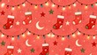 © han - Christmas stockings and lights on red background