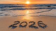 © Nami Liu - Happy New Year 2026 concept, lettering on the beach. Written text on the sea beach at sunrise.