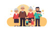 © Yahya - A happy extended family portrait featuring grandparents, parents, and children, all holding hands and smiling against a soft yellow background with star accents.