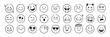 © Polina Tomtosova - Face emoji icon set. Hand drawn doodle sketch style happy, angry, sad mood face emoticon background. Funny cartoon characters smile, wink, kiss emoji. Cute circle emotion element. Vector illustration