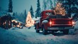 © Maksym - Vintage red truck carrying a Christmas tree through a snowy evening landscape