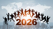 © metamorworks - 都市を背景にジャンプする様々な職業の人々　2026年新年イメージ　ビジネス向け年賀状素材