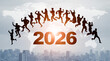 © metamorworks - People of various professions jumping against the backdrop of the city. 2026 New Year concept. New year's card 2026.