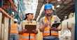 © Nina25/peopleimages.com - Clipboard, warehouse and people on tablet for supply chain, delivery schedule and inventory checklist. Distribution, teamwork and workers on digital tech for online logistics, inspection and shipping