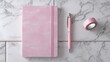 © Johannes - flat lay of pink stationery pen notebook washi tape on marble desk