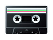 © Sodapeaw - Audio cassette tape with black plastic case, transparent window, and colorful stripes, retro nostalgic music media, vintage analog sound storage, isolated on transparency background
