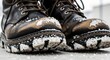 © Nelly - Heavy winter boots covered in snow on icy surface