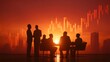 © Thares2020 - Business professionals in silhouette gather for a meeting against a vibrant sunset cityscape with financial charts