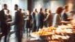 © cui - Abstract blurred people socializing during buffet lunch break at business meeting or conference, corporate networking event with diverse attendees mingling, engaging conversations, and professional at